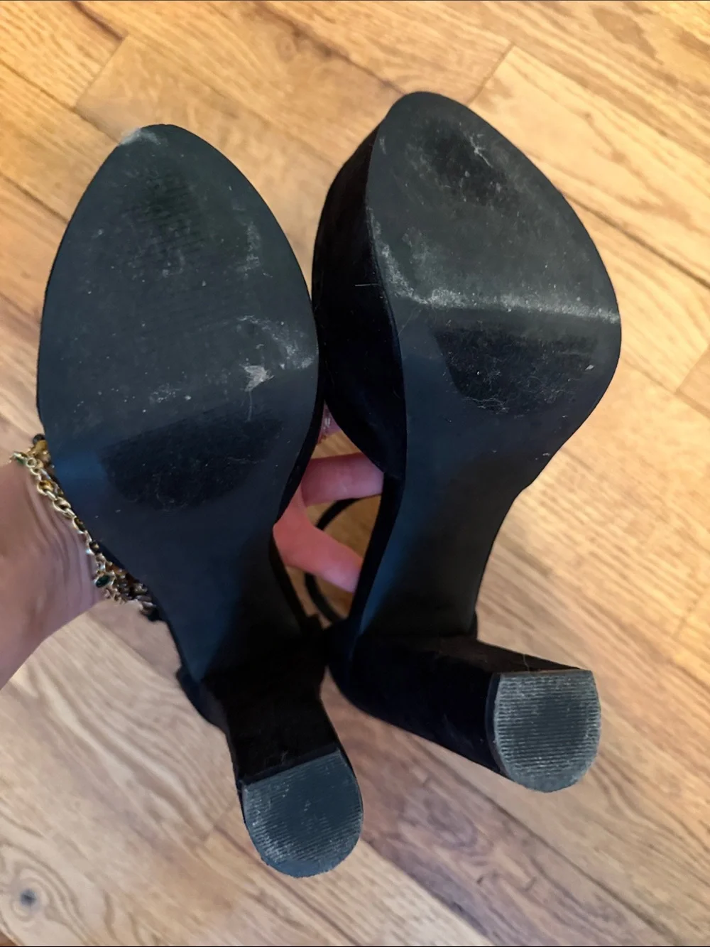 Black Suede Platform Block-Heel Ankle Strap Pumps